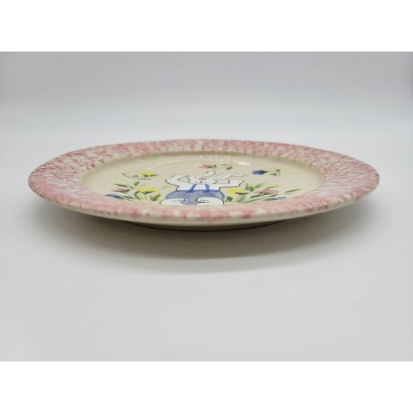 Vintage Happy Bunny Plate Garden White Rabbit Pink Spongeware Handmade Patton - Picture 6 of 8